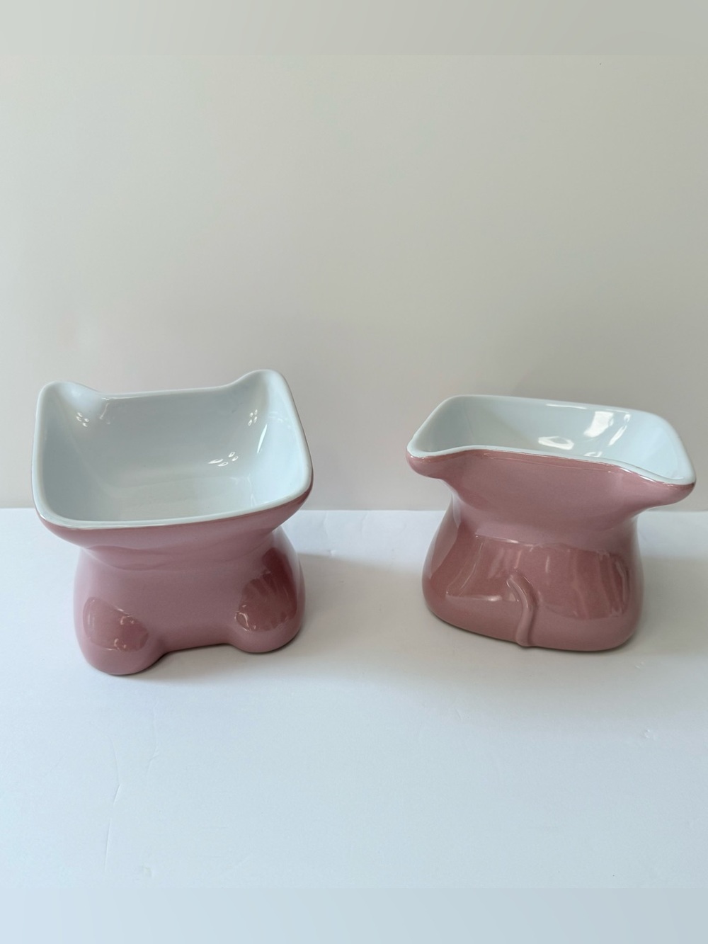 Whisker City Pink Ceramic Elevated Cat Bowls 4.5 oz Set Of 2 Cat Ear Shape Dish